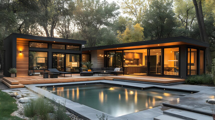 Fototapeta premium Modern House with Pool and Deck - Realistic Image