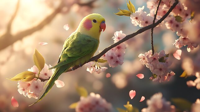 A scene of parakeets enjoying the cherry blossom branches, vibrant greens contrasting with the soft pink blooms, petals scattered, sunlight creating a warm and inviting spring mood,