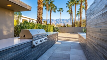 Minimalist outdoor kitchen setup with built-in grill, smooth counters, and tall palm trees in the distance
