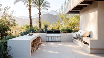 Minimalist outdoor kitchen setup with built-in grill, smooth counters, and tall palm trees in the distance
