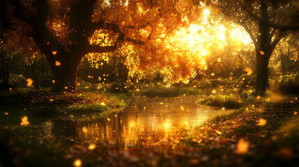 Fototapeta premium Golden Autumn Forest Illustration with Sun Rays and Falling Leaves
