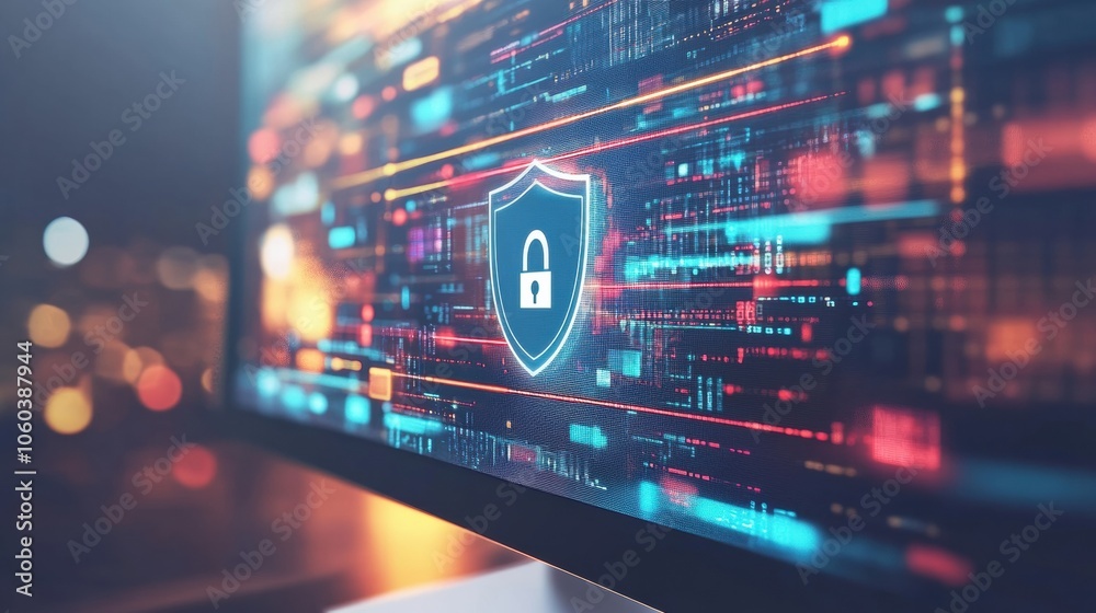 Fototapete the computer screen features a vibrant shield and lock icon, representing strong internet security i