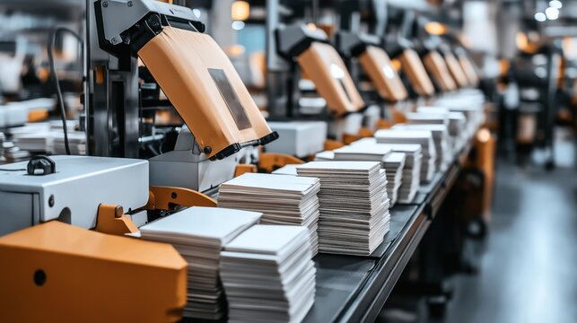 Automated packaging machines processing stacks of envelopes on a production line in a modern factory setting