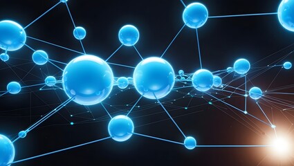 Glowing blue interconnected spheres forming a futuristic network on a dark background, representing digital communication, data exchange, or technological systems for sci-fi or tech-related concepts
