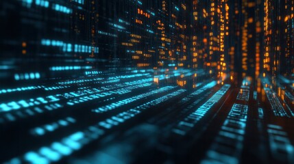 a digital binary code matrix with glowing green and blue binary digits cascading down in a 3D environment,