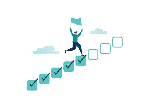 Progress from start to success, development or improvement, completing tasks to complete a project, a businessman's step on a checklist to achieve a goal, vector illustration