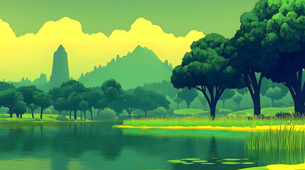 Serene Landscape with Lake and Mountains Illustration
