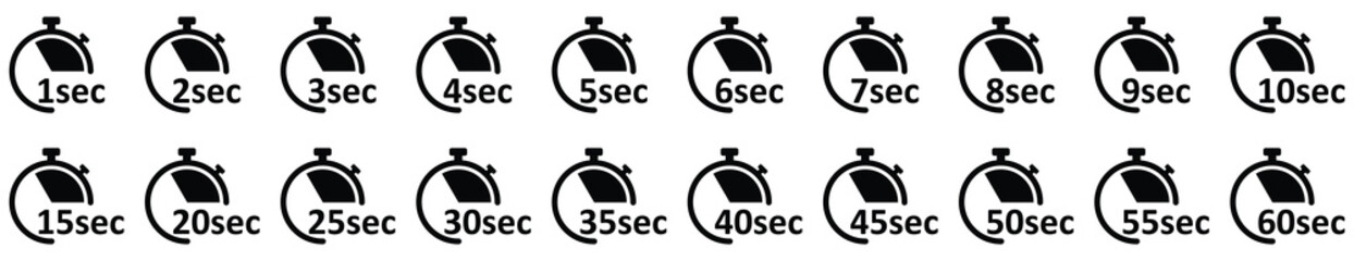 Clock Icon. Digital stopwatch or timer, Countdown from 0 to 60 Sec. Cooking time, holding time, baking, delivery for app. Isolated on white Background.