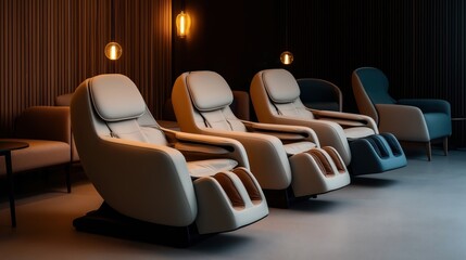 Row of modern reclining massage chairs in a dimly lit room with ambient lighting and minimalist design elements