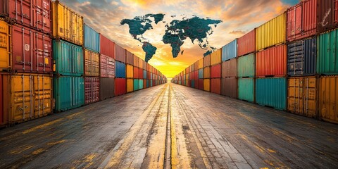 Global Trade Operations Flourish as Shipping Containers Fill Busy Ports, Highlighting International Trade Routes on a World Map