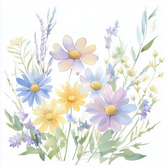 Fototapeta premium The card features a painted bouquet of wildflowers, including cosmos and wheat, set against a white background. This illustration is rendered in watercolor style.