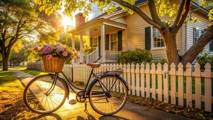 Fototapeta premium A bicycle with a basket filled with flowers rests on a paved path, the sun filtering through the leaves of a large tree in the foreground, a yellow house and a white picket fence behind