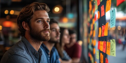 Obraz premium Startup Team Innovates Collaborative Marketing Strategies Using Growth Hacking Techniques and Creative Brainstorming with Sticky Notes
