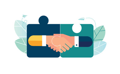 teamwork to find a solution, assign the right person to the right job, human resources department by the hand of a businessman, connect a puzzle, vector illustration
