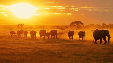 Fototapeta premium Wildlife scene with a herd of elephants walking across the savannah at dawn