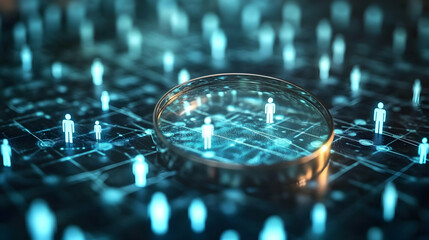 3D Illustration of a Magnifying Glass Over a Digital Network of People