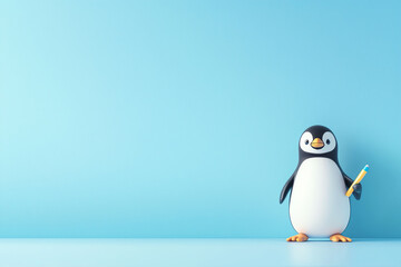 Obraz premium Baby penguin holding marker near white board, frosty scene, 3D illustration