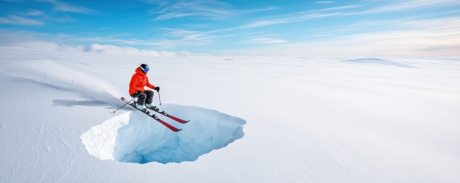 A skier jumps over a hole in the snow, showcasing extreme winter sports against a clear blue sky.