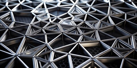 A geometric structure composed of interconnected metallic triangles, creating a complex and visually captivating pattern.