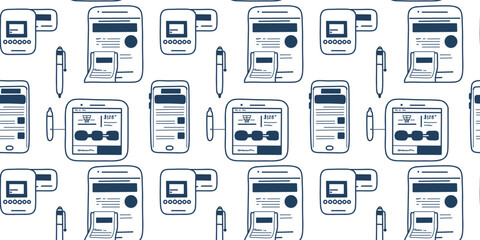 Doodle seamless pattern with stylized icons of electronic devices, smartphones, tablets, in a modern style