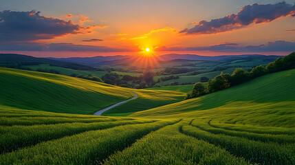 Fototapeta premium Sunset Over Rolling Green Hills Landscape Photo