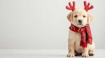 Festive puppy wearing reindeer ears and Christmas scarf sitting on white background
