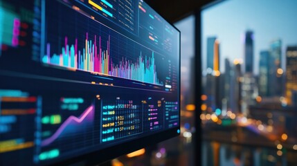 Fototapeta premium a large monitor showing colorful financial charts and data metrics with a city skyline in the background Emphasis