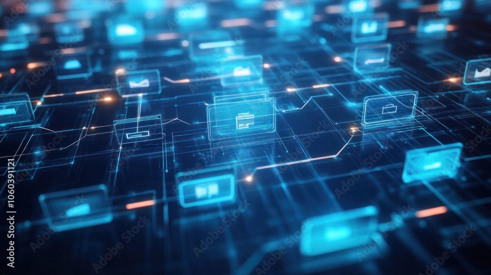 Poster high-tech interface featuring a network of digital files and folders connected through virtual lines