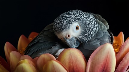 Fototapeta premium The Serene Parrot Nestled Comfortably Among Vibrant and Colorful Flower Petals, Creating a Beautiful Scene of Natures Artistry