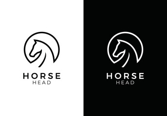 black horse head with circle logo design. linear style luxury icon vector