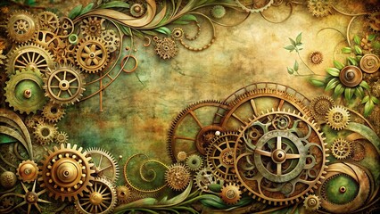 Naklejka premium Intricate clockwork gears interlace with flourishing botanical motifs, forming a harmonious tapestry of industrial and natural elements.