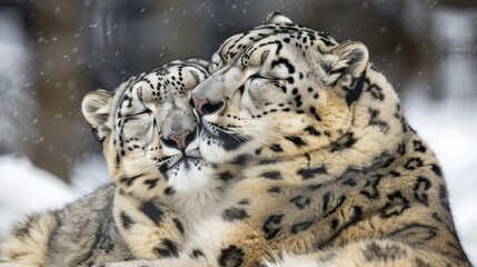 Obraz premium Rare animals showing affection, a pair of snow leopards nuzzling each other