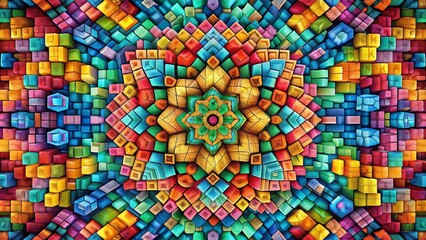 A kaleidoscope of colored blocks arranged in a mesmerizing pattern, forming a central, intricate wooden flower shape.