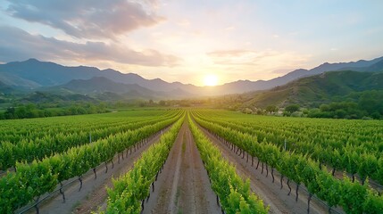 Fototapeta premium Vineyards thrive under sunset skies as nature embraces scenic beauty in rural landscapes
