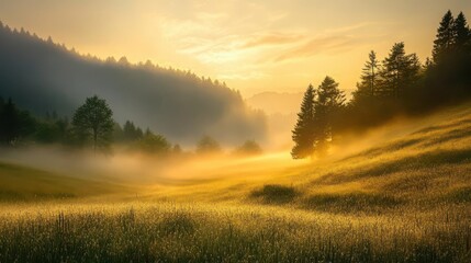 Fototapeta premium Foggy Morning Thin layers of fog rolling across a meadow, slowly dispersing as it mixes with the early morning light, particles of dew visible in the air