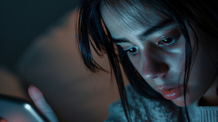 A close-up view of a teenager's phone reveals a screen filled with hurtful messages from cyberbullies.
