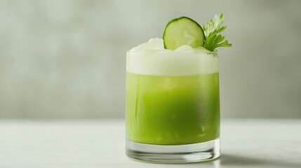 Refreshing Cucumber and Celery Cocktail: A vibrant green cocktail in a rocks glass, garnished with a cucumber slice and a sprig of celery.