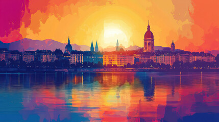 Obraz premium Geneva, Switzerland, Pop Art style theme print. Cityscape, city skyline.Vibrant, bright, modern, trendy, graphic designed for poster, card, wallpaper