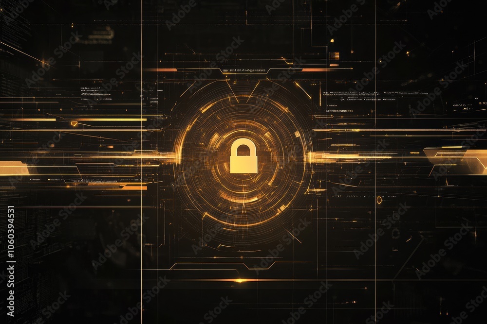Poster a dark digital background features a central lock icon, symbolizing security and data protection on 