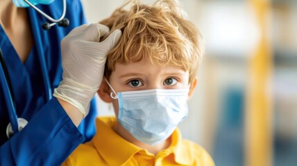 School nurse taking a child s temperature, checking for signs of illness   health check, school safety