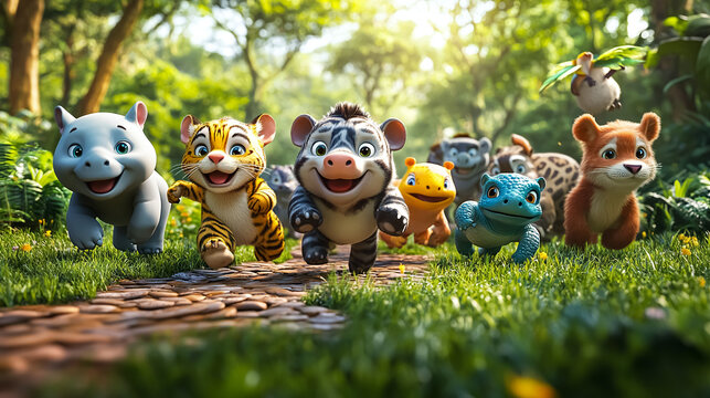 Zebra, monkey, tiger, frog and panda in the jungle - Powered by Adobe