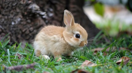Fototapeta premium Cute animals, a bunny nibbling on fresh grass under a tree