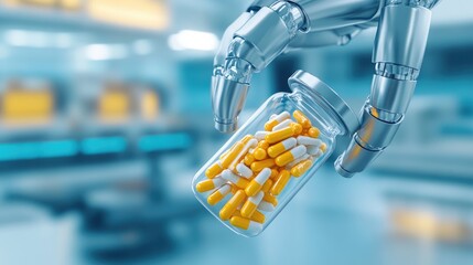 A robotic arm delicately holds an open pill bottle as colorful capsules spill out amidst advanced medical technology