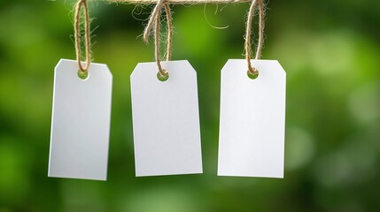 Blank Tags on Twine - A trio of blank white tags hang from a rustic twine string, offering a natural and inviting blank canvas for your creative messages.  Perfect for crafting, labels.