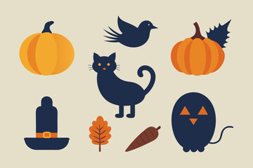 Halloween set. Icon set of cornucopia, black cats, Turkey, pumpkin, corn and bat for Halloween