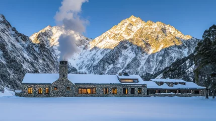 Poster de jardin  A cozy stone cabin with glowing windows sits in a snowy mountain valley at sunrise.  © logyartstudios