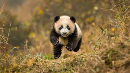 Obraz premium Candid animal moments, a baby panda tumbling down a small hill, looking surprised