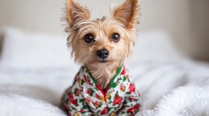 Small dog in holiday pajamas with festive red and green print on a white background