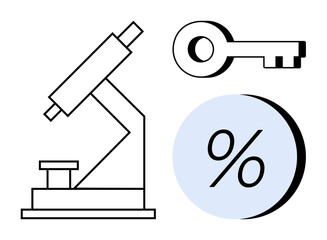 Microscope, key, and percentage symbol against a white background. Ideal for scientific research, data security, financial analysis, mathematics, education, technology, and academic presentations