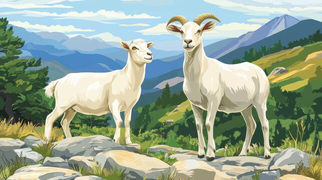 Stylized Mountain Goats on Rocky Hillside